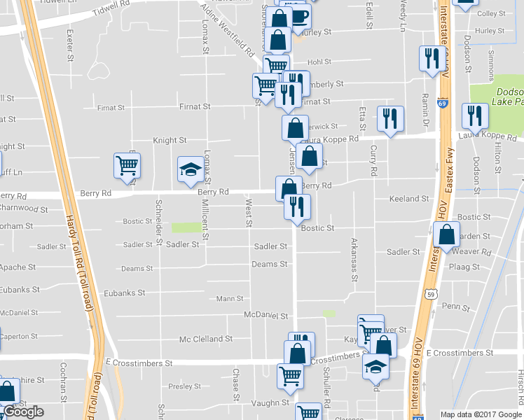map of restaurants, bars, coffee shops, grocery stores, and more near 2618 Keeland Street in Houston
