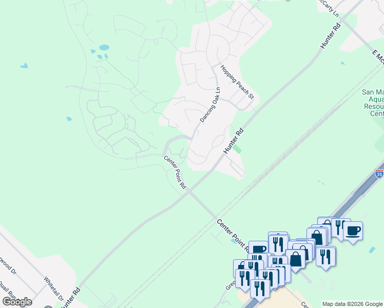 map of restaurants, bars, coffee shops, grocery stores, and more near Mulligan Drive in San Marcos