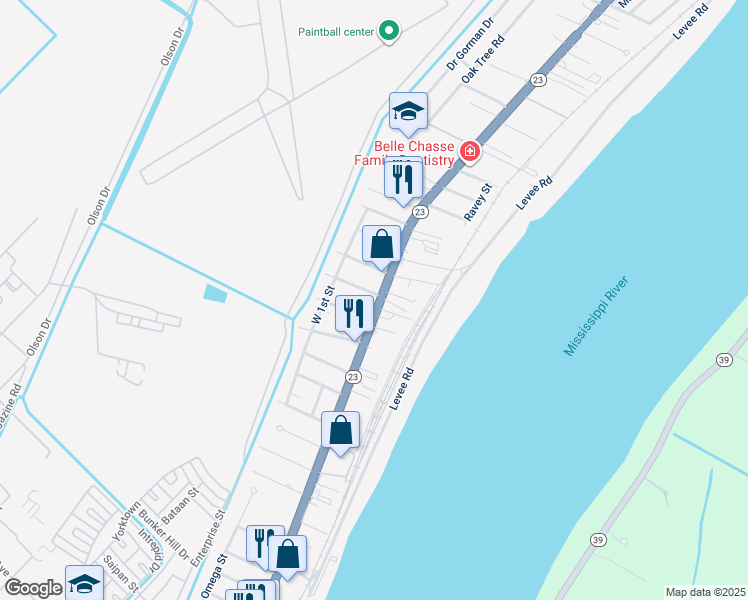 map of restaurants, bars, coffee shops, grocery stores, and more near 9194 Louisiana 23 in Belle Chasse