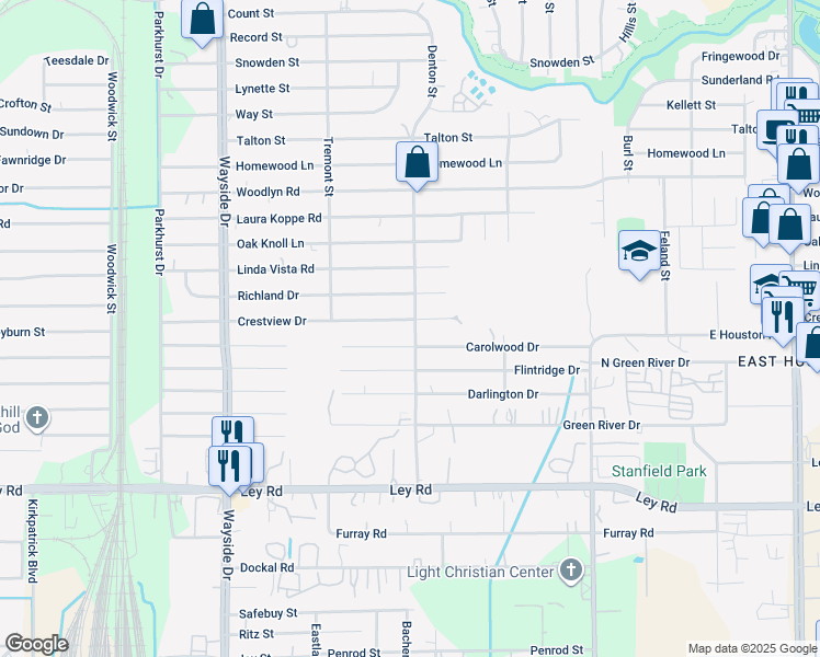 map of restaurants, bars, coffee shops, grocery stores, and more near 8201 Carolwood Drive in Houston