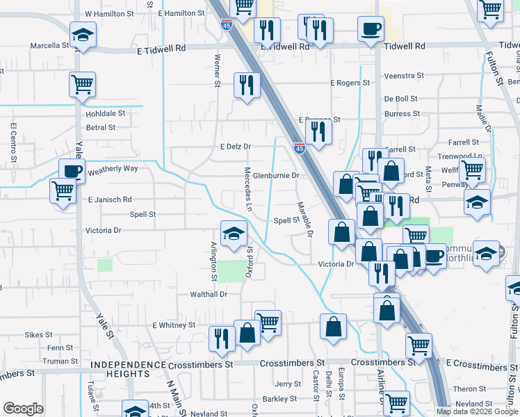 map of restaurants, bars, coffee shops, grocery stores, and more near 603 Spell Street in Houston