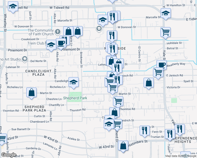 map of restaurants, bars, coffee shops, grocery stores, and more near 828 Oak Street in Houston