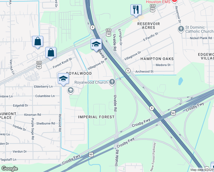 map of restaurants, bars, coffee shops, grocery stores, and more near 7803 Uvalde Road in Houston
