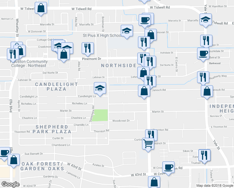 map of restaurants, bars, coffee shops, grocery stores, and more near 807 Janisch Road in Houston