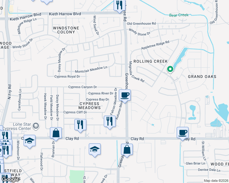 map of restaurants, bars, coffee shops, grocery stores, and more near 19202 Cypress River Drive in Katy