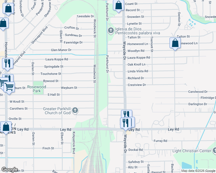 map of restaurants, bars, coffee shops, grocery stores, and more near 7802 Crestview Drive in Houston