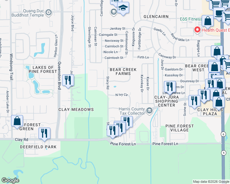 map of restaurants, bars, coffee shops, grocery stores, and more near 17011 North Ivy Circle in Houston