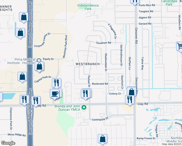map of restaurants, bars, coffee shops, grocery stores, and more near 10523 White Fawn Drive in Houston