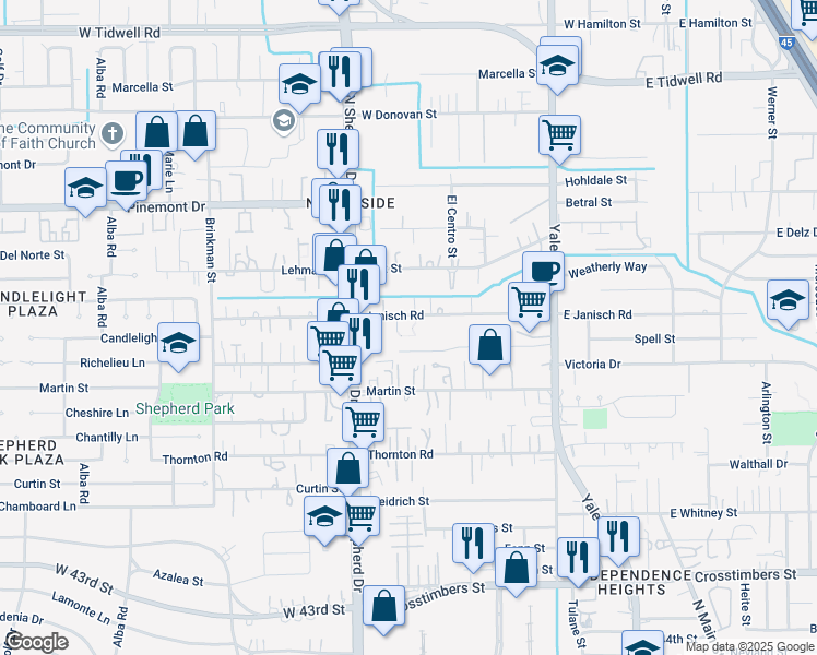 map of restaurants, bars, coffee shops, grocery stores, and more near 617 Janisch Road in Houston
