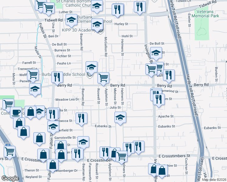 map of restaurants, bars, coffee shops, grocery stores, and more near 8309 Melrose Street in Houston