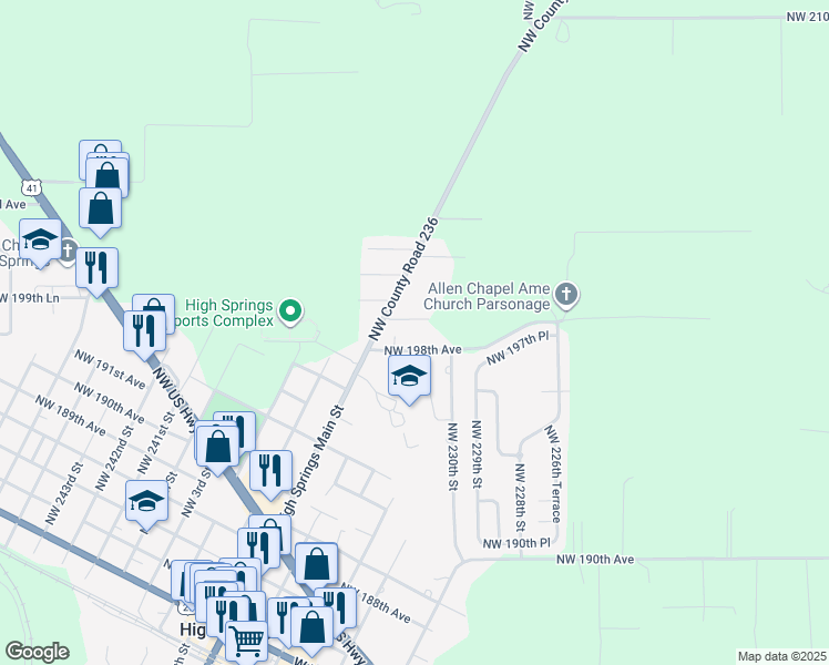 map of restaurants, bars, coffee shops, grocery stores, and more near 23335 Northwest County Road 236 in High Springs