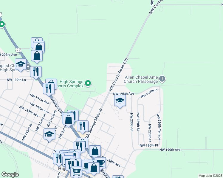 map of restaurants, bars, coffee shops, grocery stores, and more near 1008-1024 N Main St in High Springs