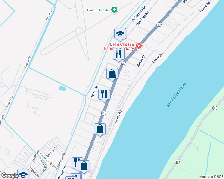 map of restaurants, bars, coffee shops, grocery stores, and more near 9194 Louisiana 23 in Belle Chasse