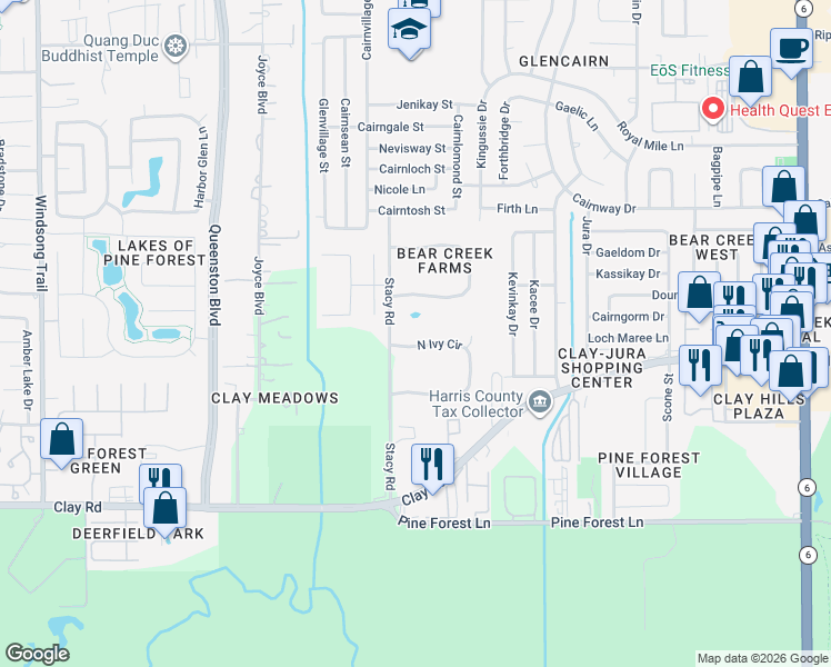 map of restaurants, bars, coffee shops, grocery stores, and more near 17011 North Ivy Circle in Houston