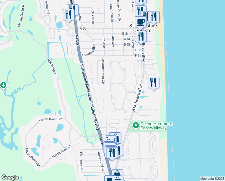 map of restaurants, bars, coffee shops, grocery stores, and more near 433 Ocean Forest Drive in St. Augustine