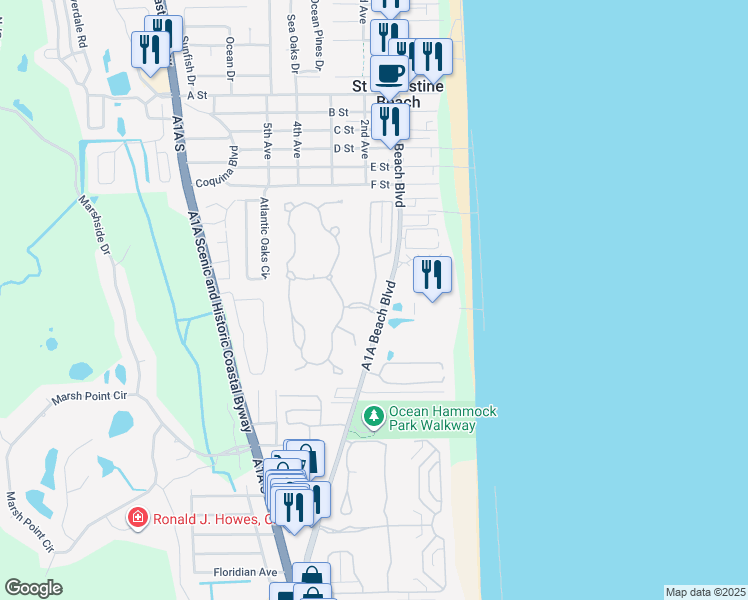 map of restaurants, bars, coffee shops, grocery stores, and more near 1053 Makarios Drive in St. Augustine