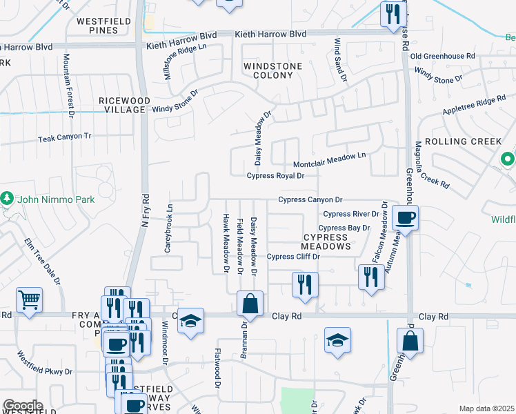 map of restaurants, bars, coffee shops, grocery stores, and more near 4422 Daisy Meadow Drive in Katy