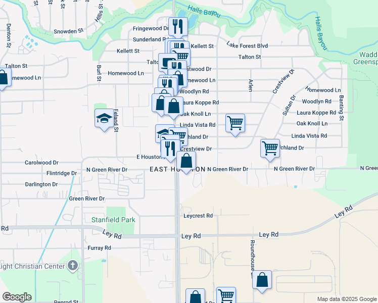 map of restaurants, bars, coffee shops, grocery stores, and more near 8826 Crestview Drive in Houston