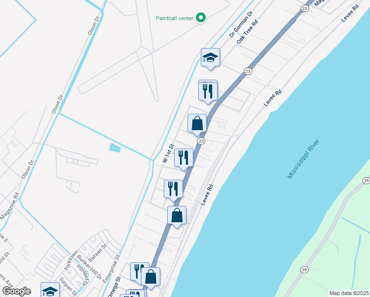 map of restaurants, bars, coffee shops, grocery stores, and more near 9194 Louisiana 23 in Belle Chasse