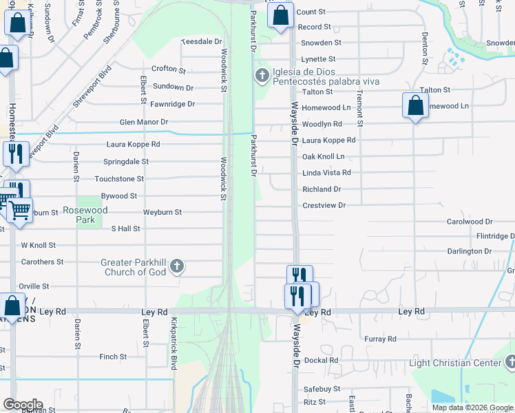 map of restaurants, bars, coffee shops, grocery stores, and more near 7802 Crestview Drive in Houston