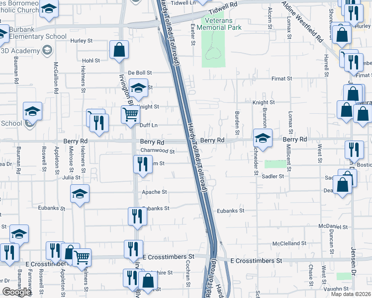 map of restaurants, bars, coffee shops, grocery stores, and more near 8419 West Hardy Road in Houston
