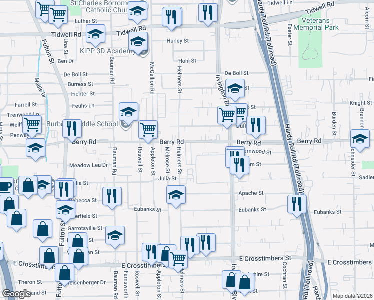 map of restaurants, bars, coffee shops, grocery stores, and more near 8406 Helmers Street in Houston