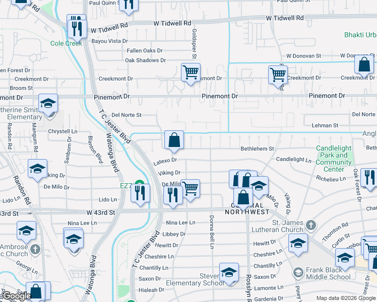 map of restaurants, bars, coffee shops, grocery stores, and more near 2030 Latexo Drive in Houston