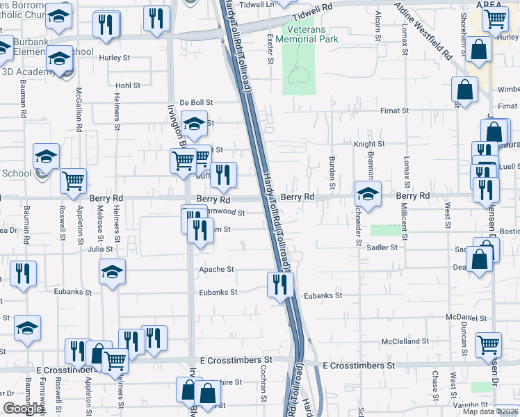 map of restaurants, bars, coffee shops, grocery stores, and more near 8419 West Hardy Road in Houston