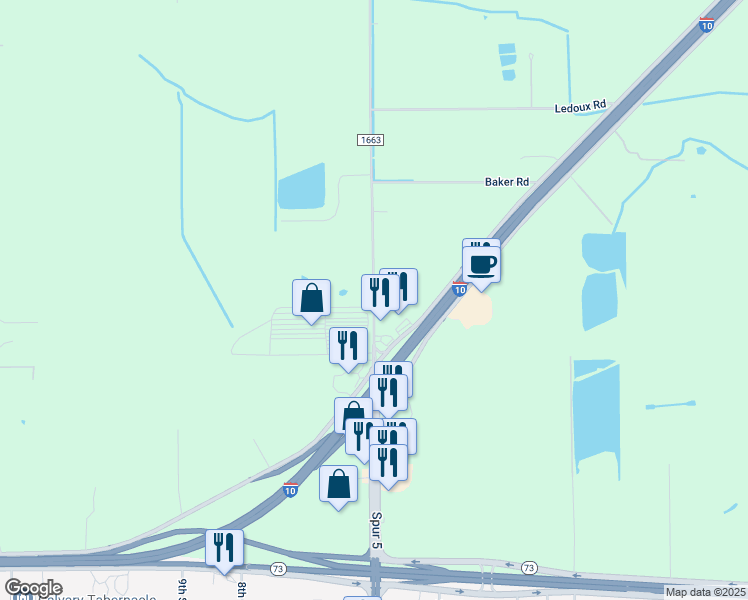 map of restaurants, bars, coffee shops, grocery stores, and more near 14935 Farm to Market Road 1663 in Winnie