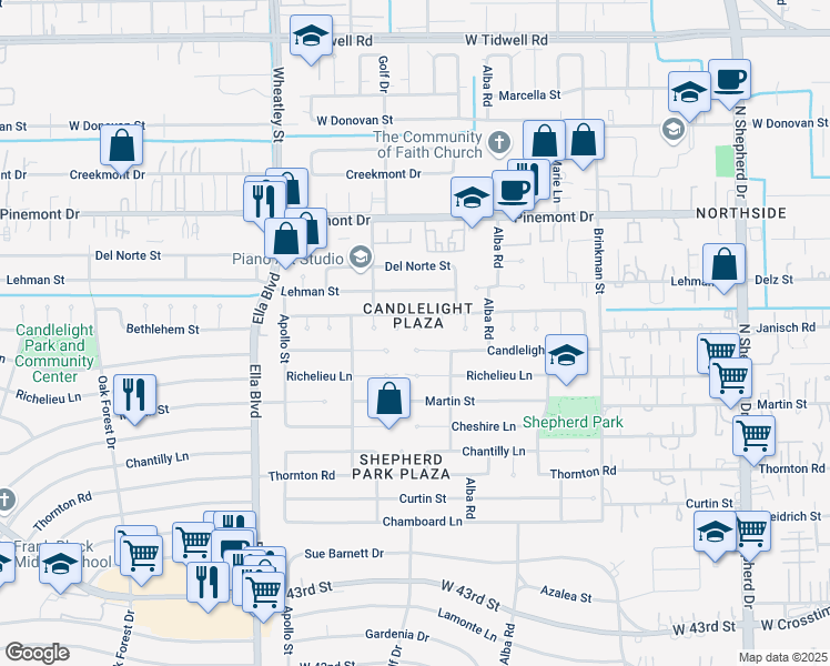 map of restaurants, bars, coffee shops, grocery stores, and more near 1049 Candlelight Lane in Houston