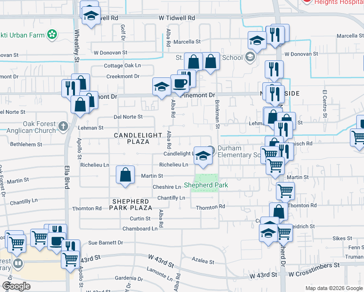map of restaurants, bars, coffee shops, grocery stores, and more near 1011 Candlelight Lane in Houston