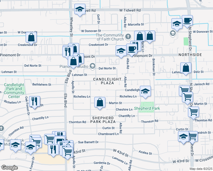 map of restaurants, bars, coffee shops, grocery stores, and more near 1049 Candlelight Lane in Houston