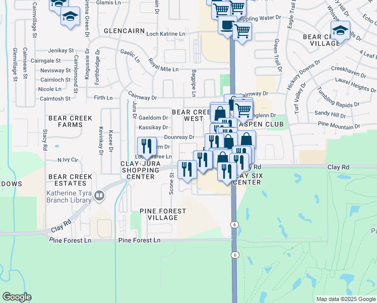 map of restaurants, bars, coffee shops, grocery stores, and more near 16222 Clay Road in Houston