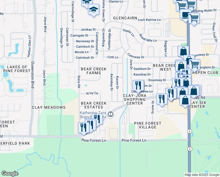 map of restaurants, bars, coffee shops, grocery stores, and more near 4326 Kevinkay Drive in Houston