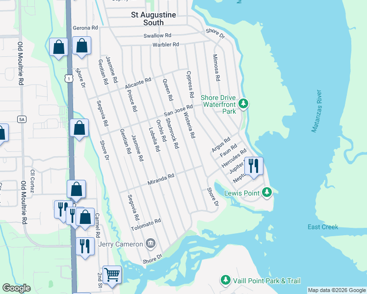 map of restaurants, bars, coffee shops, grocery stores, and more near 865 Queen Road in St. Augustine