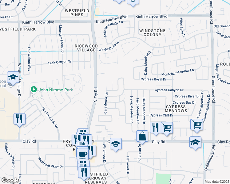map of restaurants, bars, coffee shops, grocery stores, and more near 19919 Owens Trace Lane in Katy