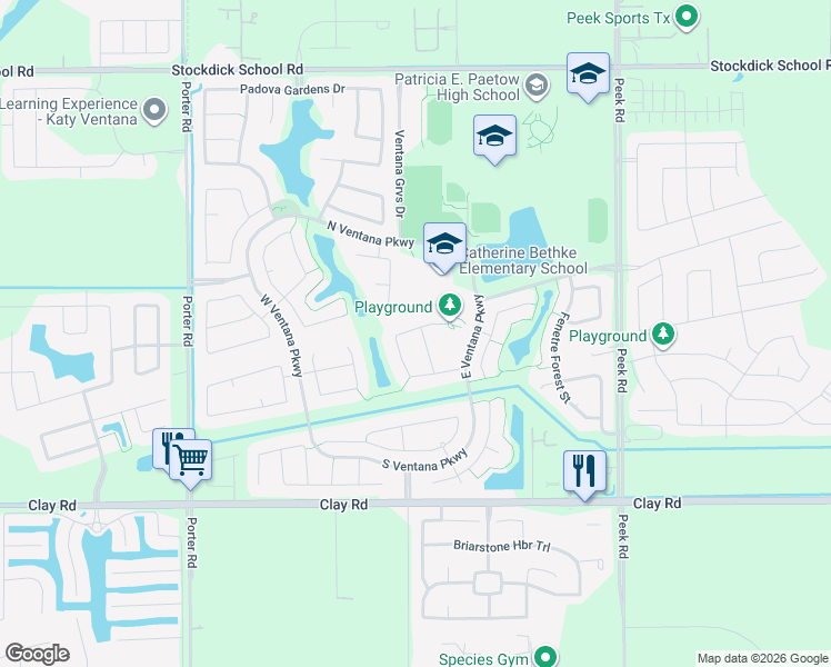 map of restaurants, bars, coffee shops, grocery stores, and more near 4315 Estes Ridge Lane in Katy