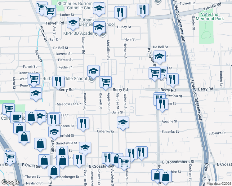 map of restaurants, bars, coffee shops, grocery stores, and more near 8309 Melrose Street in Houston