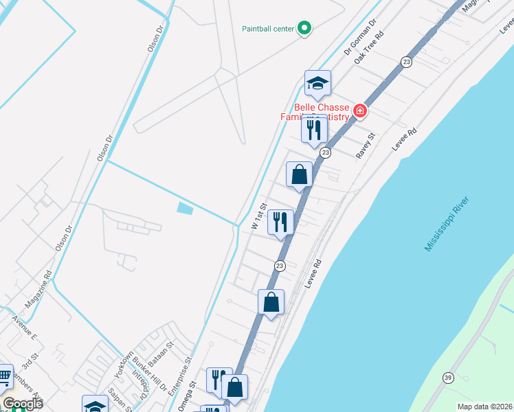 map of restaurants, bars, coffee shops, grocery stores, and more near 113 Overseas Avenue in Belle Chasse
