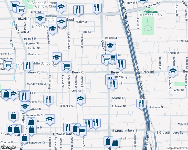 map of restaurants, bars, coffee shops, grocery stores, and more near 806 Berry Road in Houston