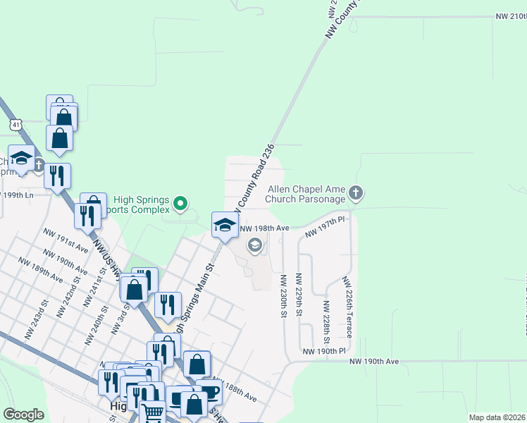 map of restaurants, bars, coffee shops, grocery stores, and more near 23335 Northwest County Road 236 in High Springs