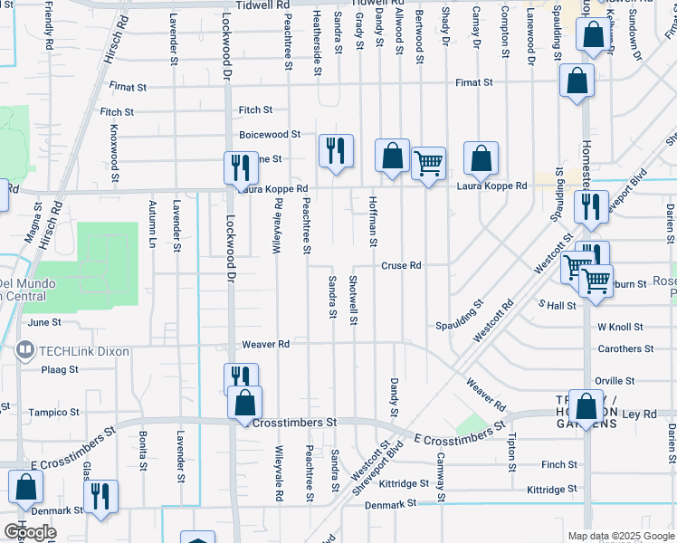 map of restaurants, bars, coffee shops, grocery stores, and more near 8401 Sandra Street in Houston