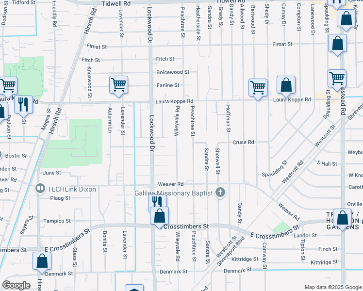 map of restaurants, bars, coffee shops, grocery stores, and more near 8320 Wileyvale Road in Houston