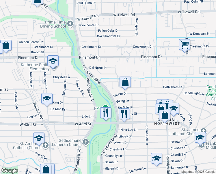map of restaurants, bars, coffee shops, grocery stores, and more near 4410 T C Jester Boulevard in Houston