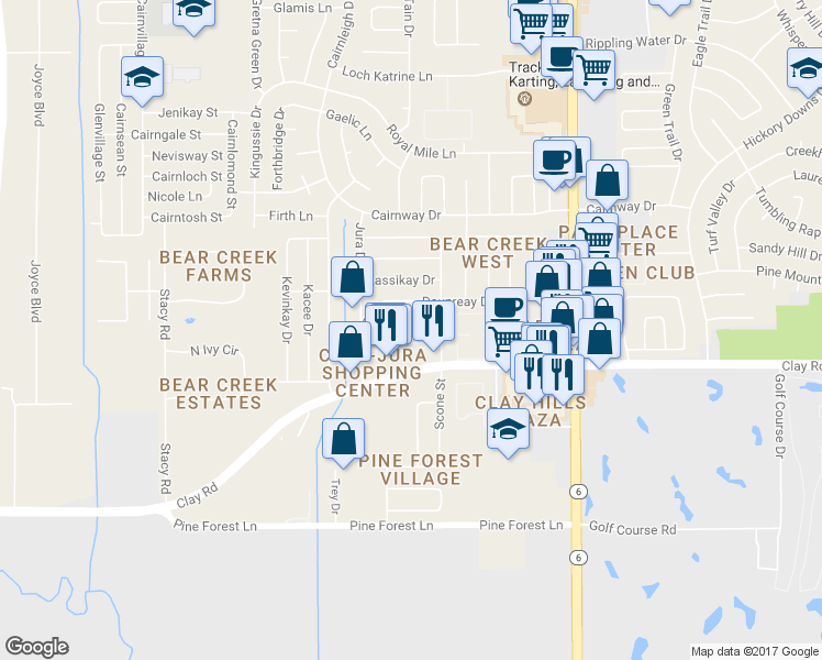 map of restaurants, bars, coffee shops, grocery stores, and more near 16523 Loch Maree Lane in Houston