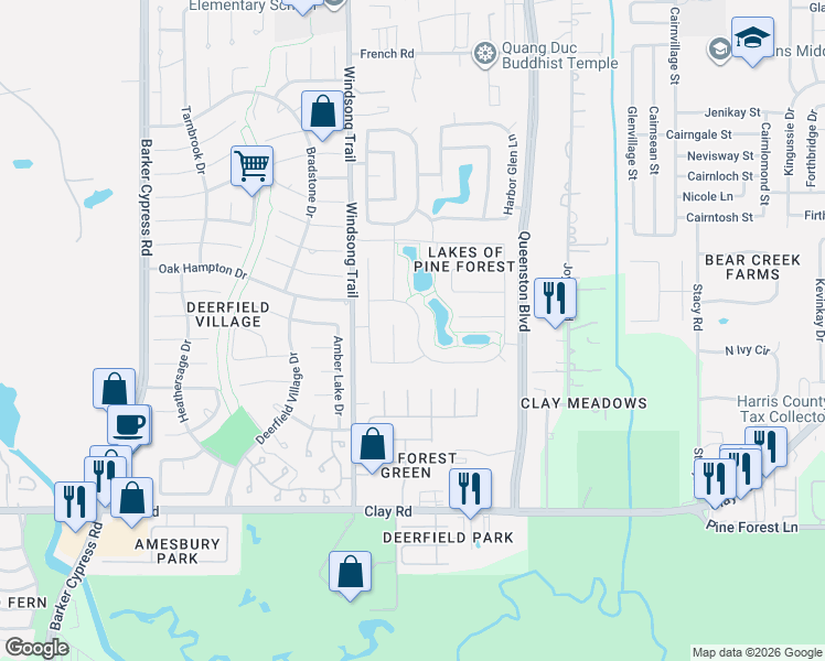 map of restaurants, bars, coffee shops, grocery stores, and more near 17906 Adobe Trace Lane in Houston