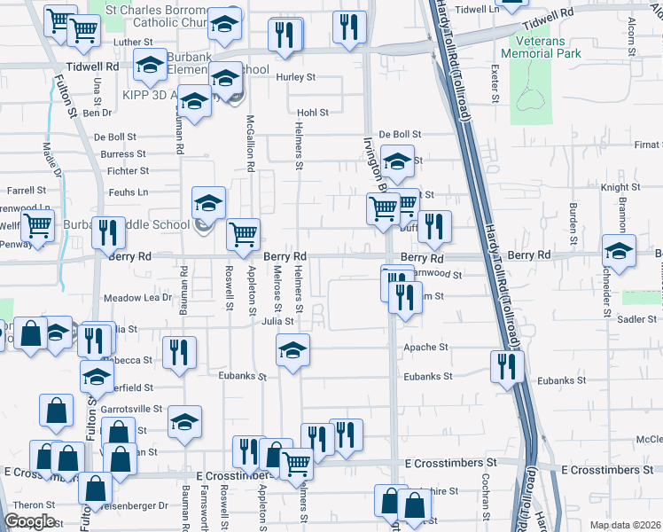 map of restaurants, bars, coffee shops, grocery stores, and more near 806 Berry Road in Houston