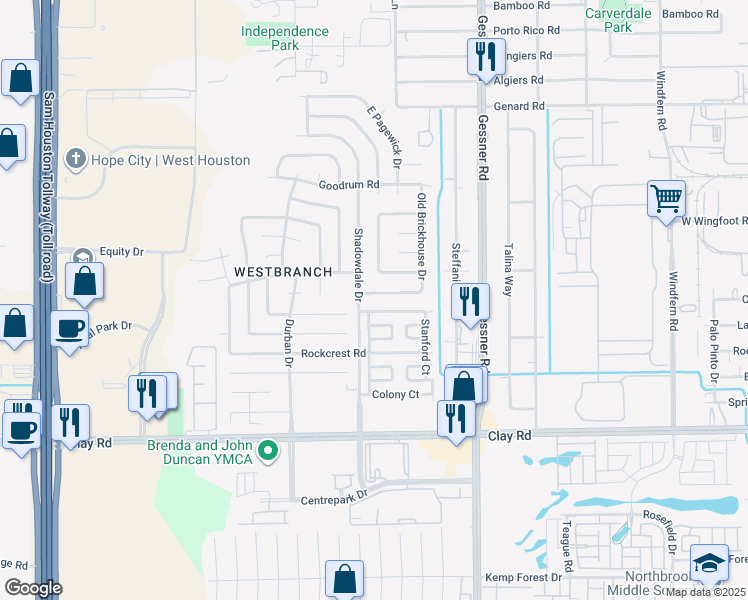 map of restaurants, bars, coffee shops, grocery stores, and more near 4529 Terrace Manor Drive in Houston