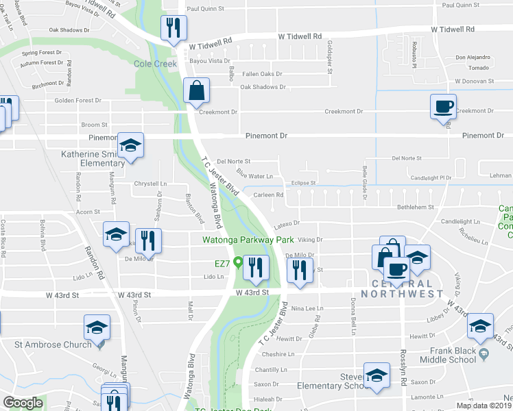 map of restaurants, bars, coffee shops, grocery stores, and more near 4410 T C Jester Boulevard in Houston