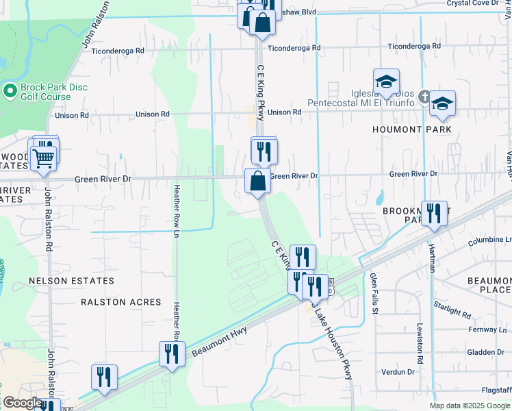 map of restaurants, bars, coffee shops, grocery stores, and more near 7945 C E King Parkway in Houston
